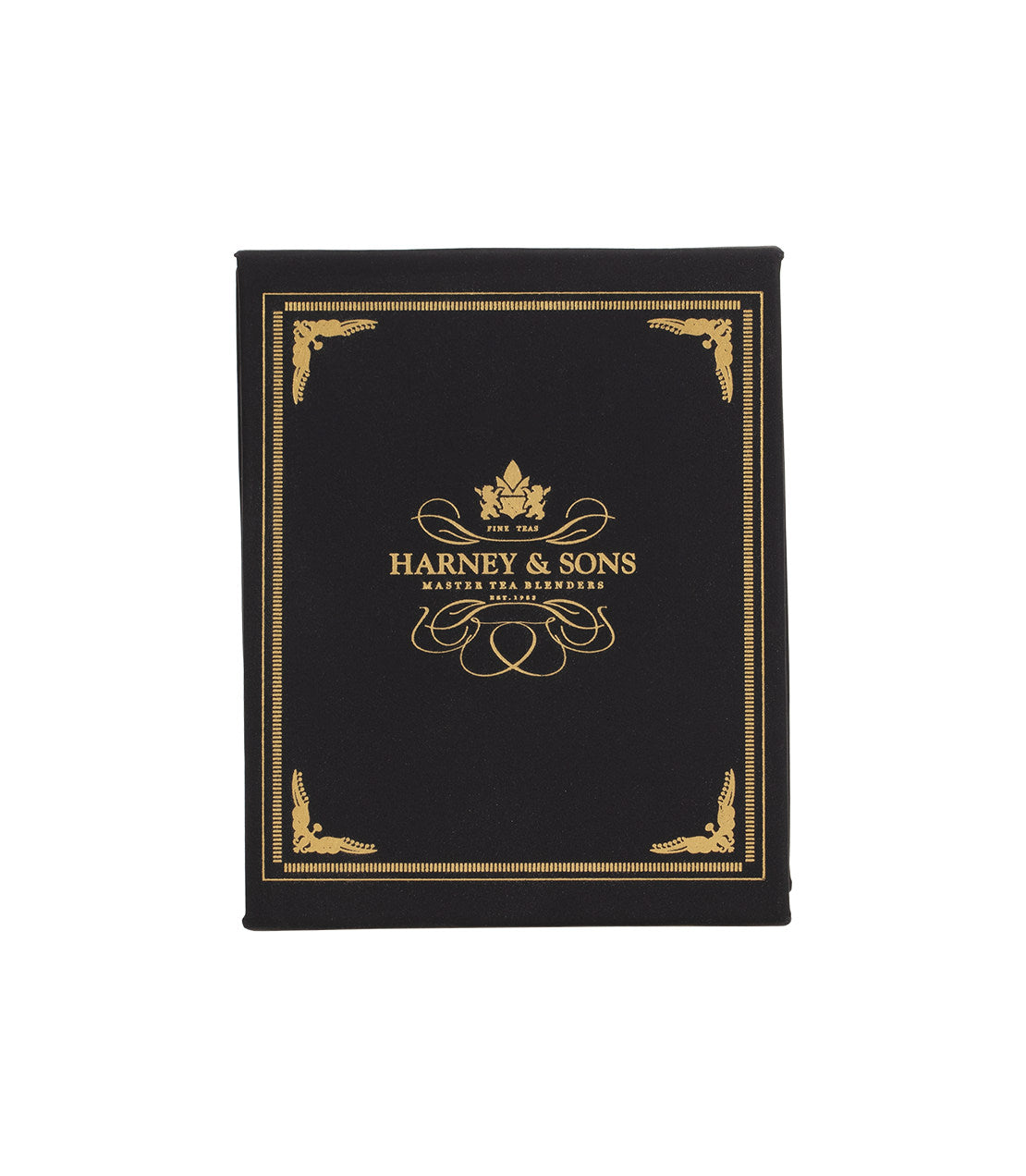 Harney & Sons Green Teabag Sampler in a sleek black box with gold accents and logo.
