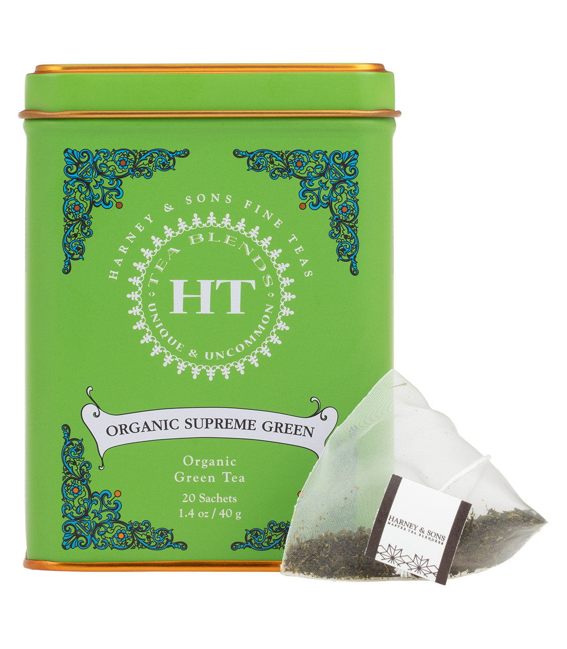 Organic Supreme Green tea tin with 20 sachets, featuring vibrant green packaging and a tea bag displayed.