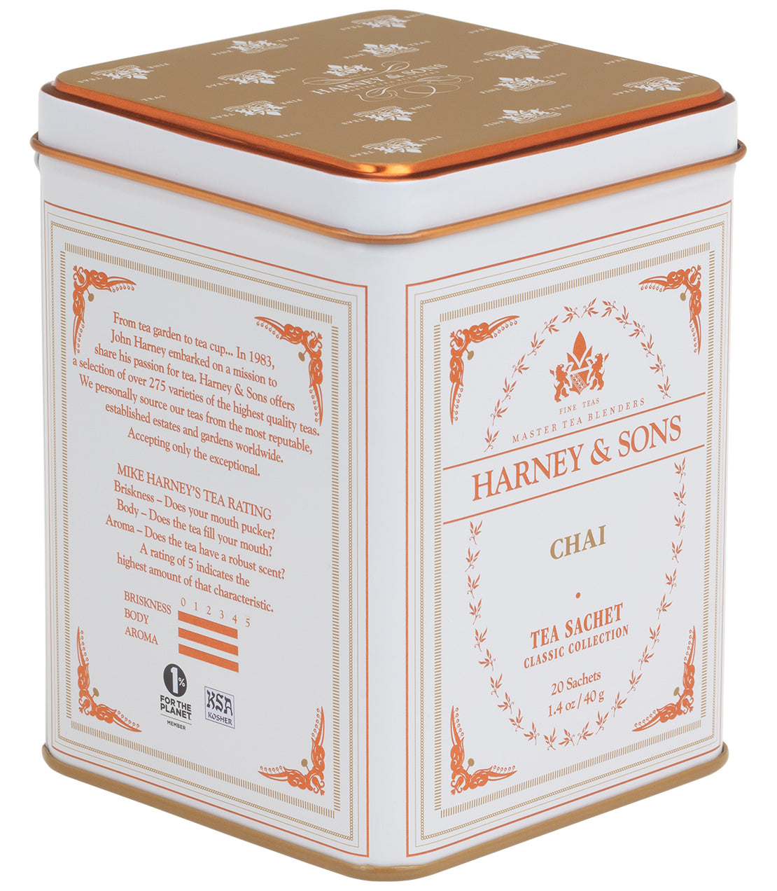 Harney & Sons Chai tea sachet tin, featuring elegant design and 20 tea sachets for a classic chai experience.