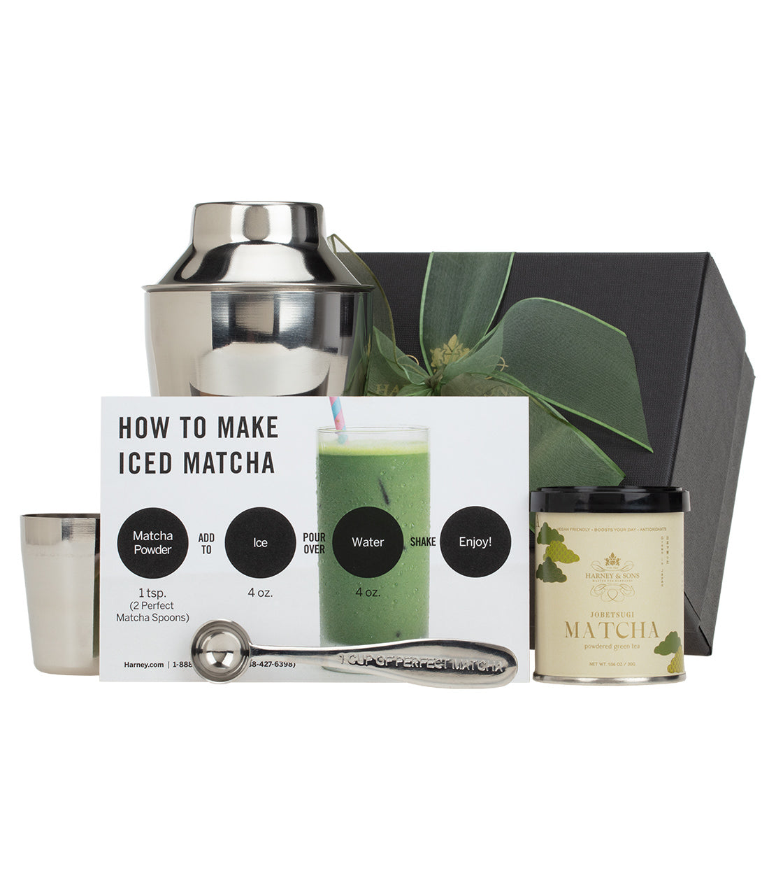 Iced Matcha Gift set with matcha powder, shaker, measuring spoon, and recipe card for making iced matcha.