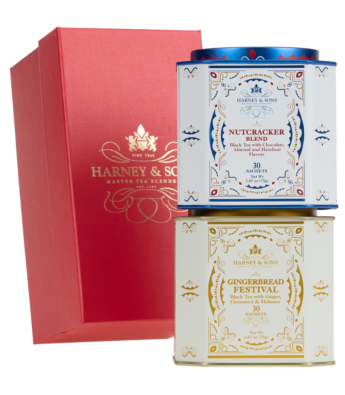 Nutcracker Duo Gift featuring Nutcracker Blend and Gingerbread Festival tea tins in a festive red box.
