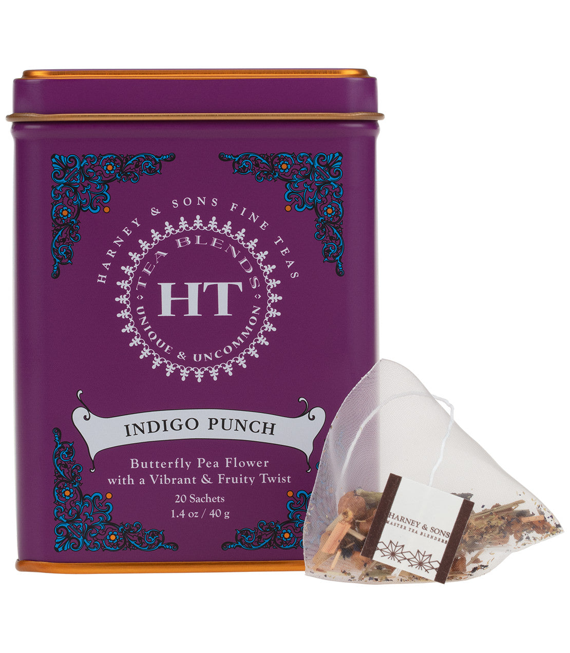 Indigo Punch tea tin by Harney & Sons, featuring 20 sachets of butterfly pea flower blend with fruity notes.