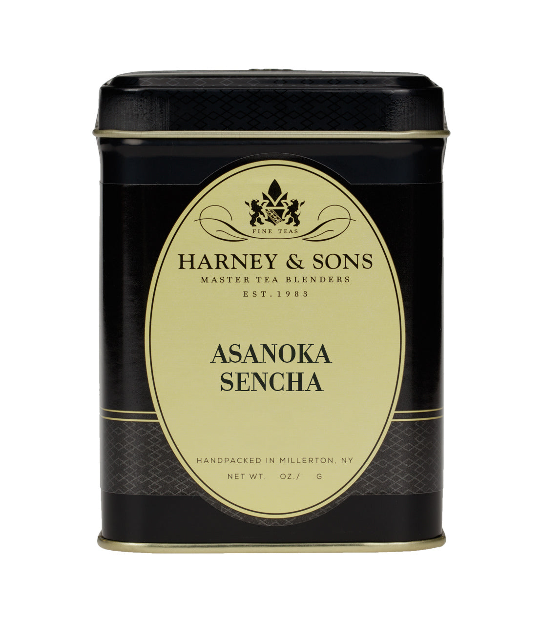 Black tin of Harney & Sons Asanoka Sencha tea, featuring elegant gold label and logo, 3 oz. net weight.