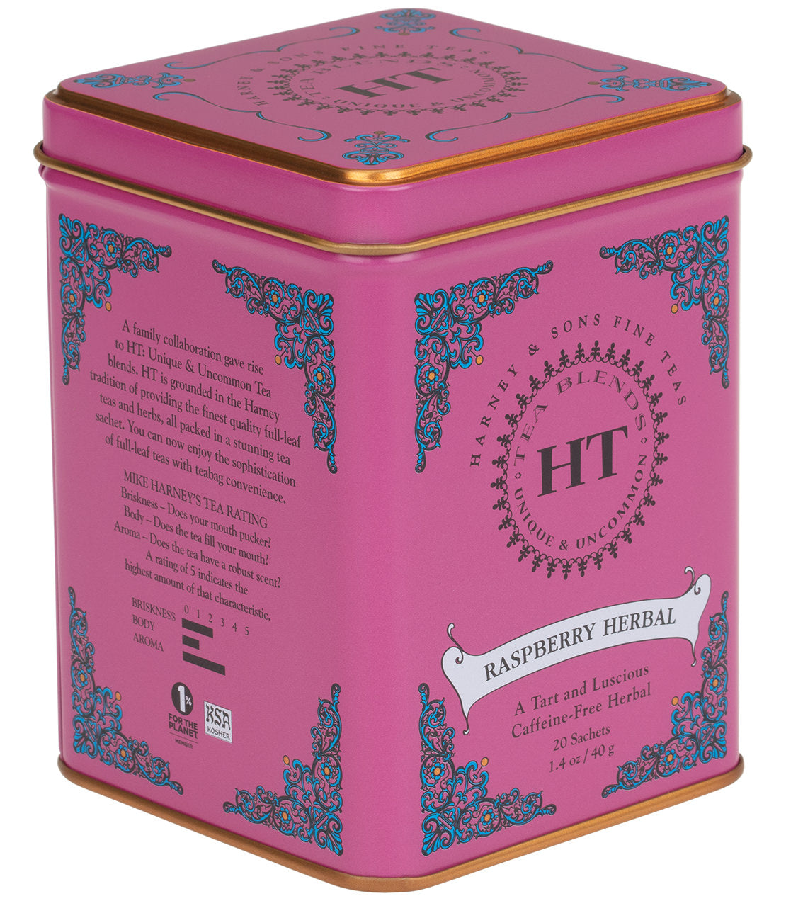 Pink tin container of Raspberry Herbal tea by Harney & Sons, featuring intricate designs and product details.