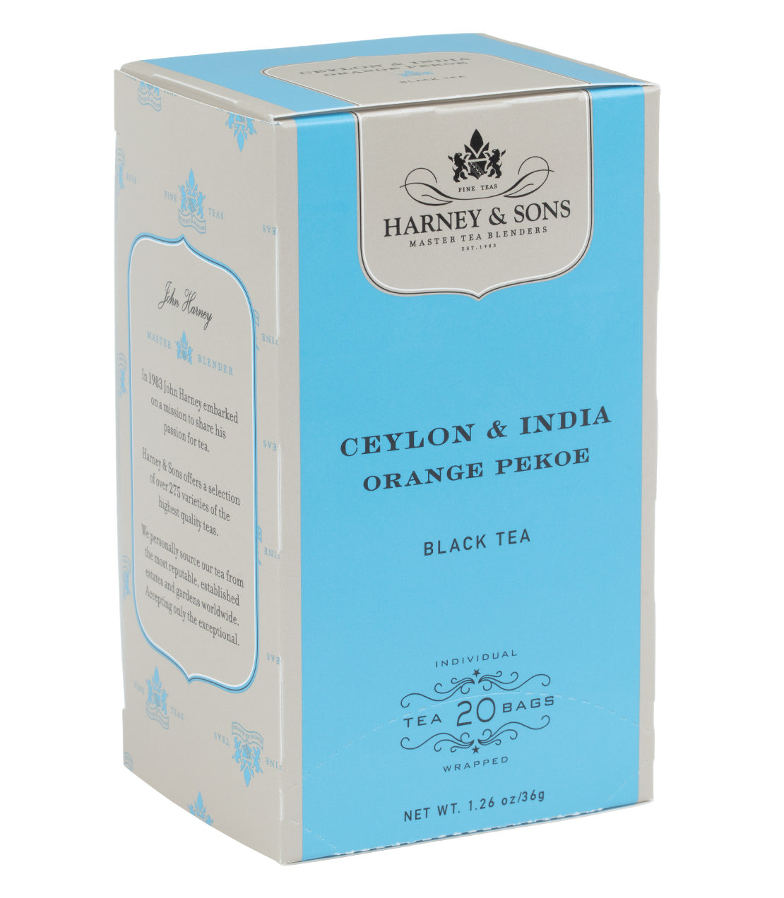 Blue and cream box of Harney & Sons Orange Pekoe black tea, featuring 20 individually wrapped tea bags.