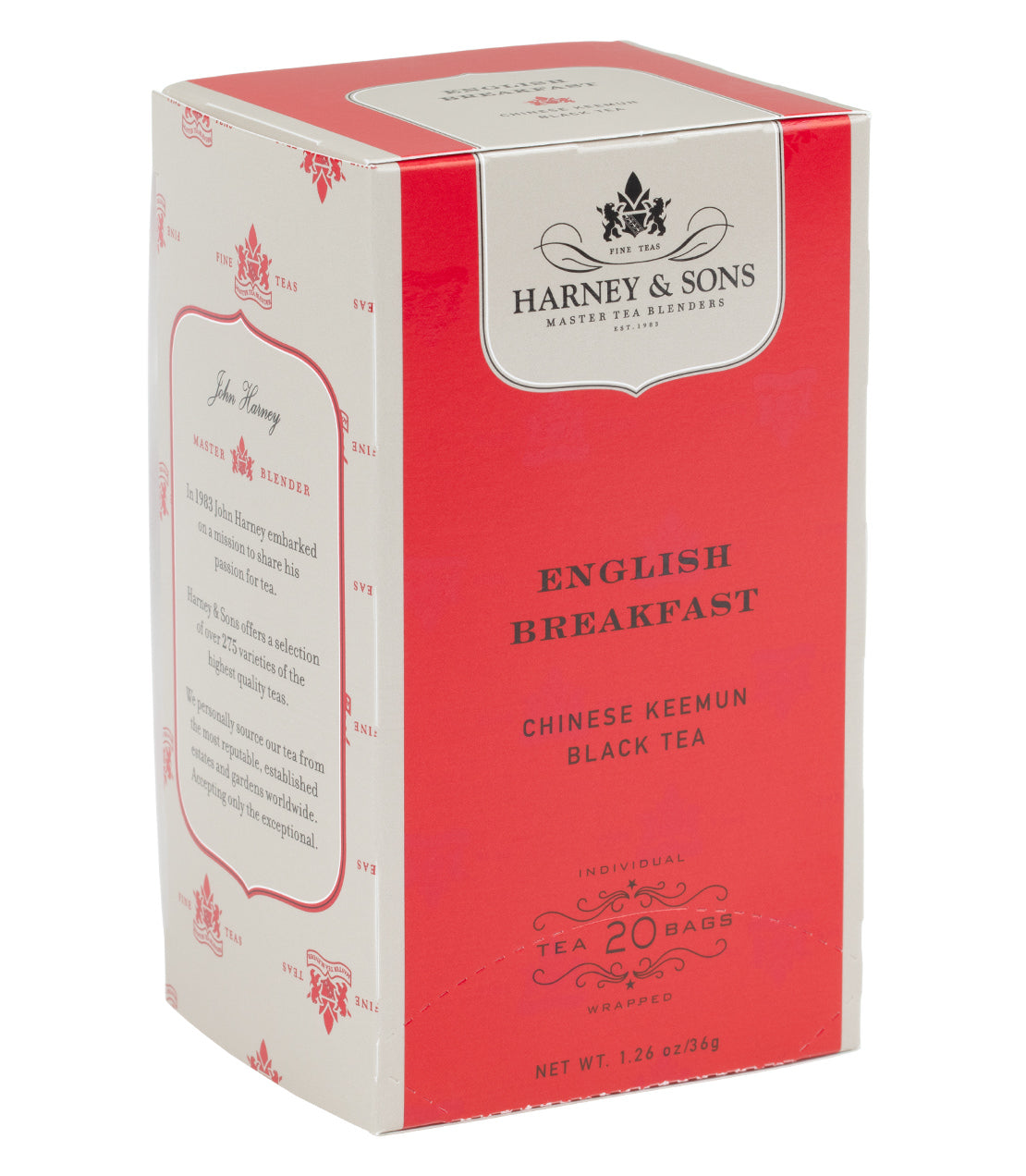 Harney & Sons English Breakfast tea box, featuring 20 bags of Chinese Keemun black tea, red and white packaging.