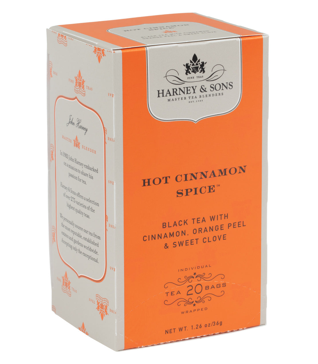 Harney & Sons Hot Cinnamon Spice tea box, featuring black tea with cinnamon, orange peel, and sweet clove.