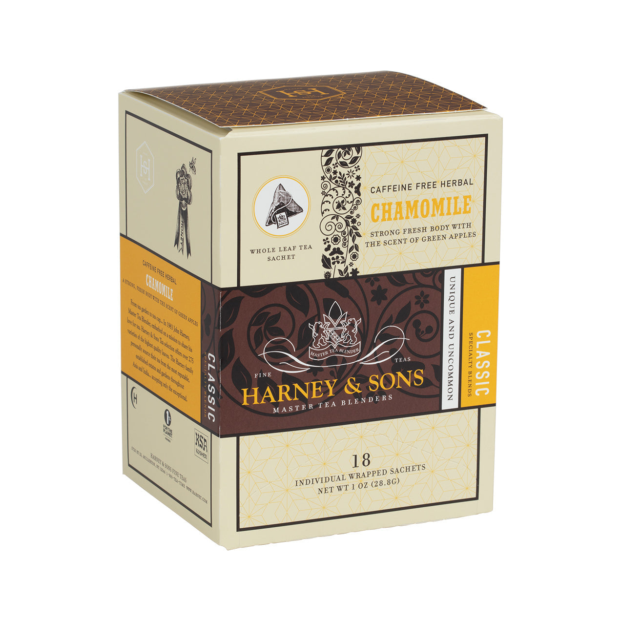 Box of 18 individually wrapped chamomile tea sachets by Harney & Sons, featuring a classic design and herbal blend.