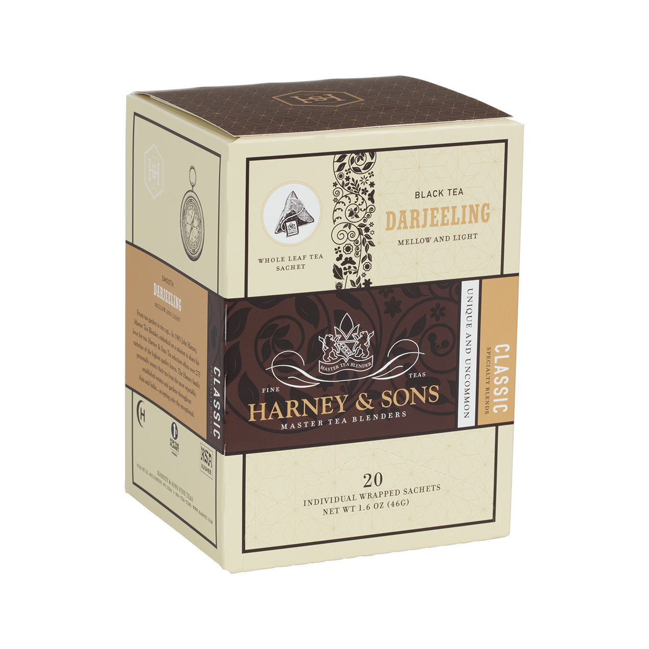 Harney & Sons Darjeeling black tea box with 20 individual sachets, featuring elegant packaging design.