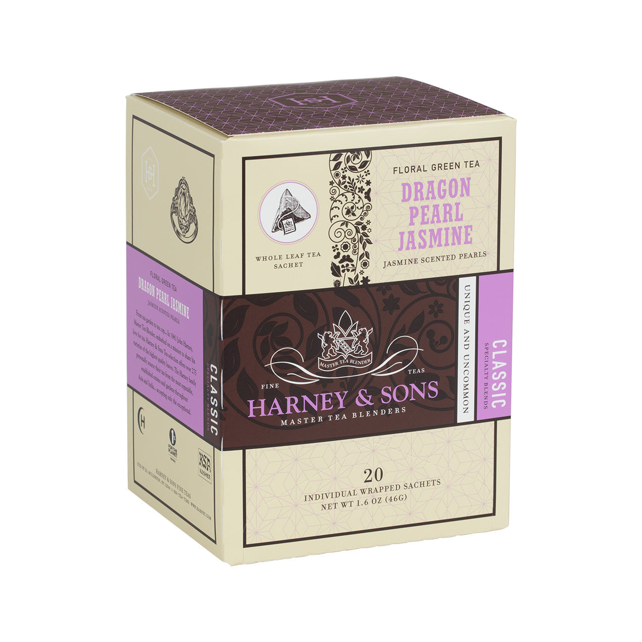 Harney & Sons Dragon Pearl Jasmine tea box featuring 20 individual sachets of floral green tea.
