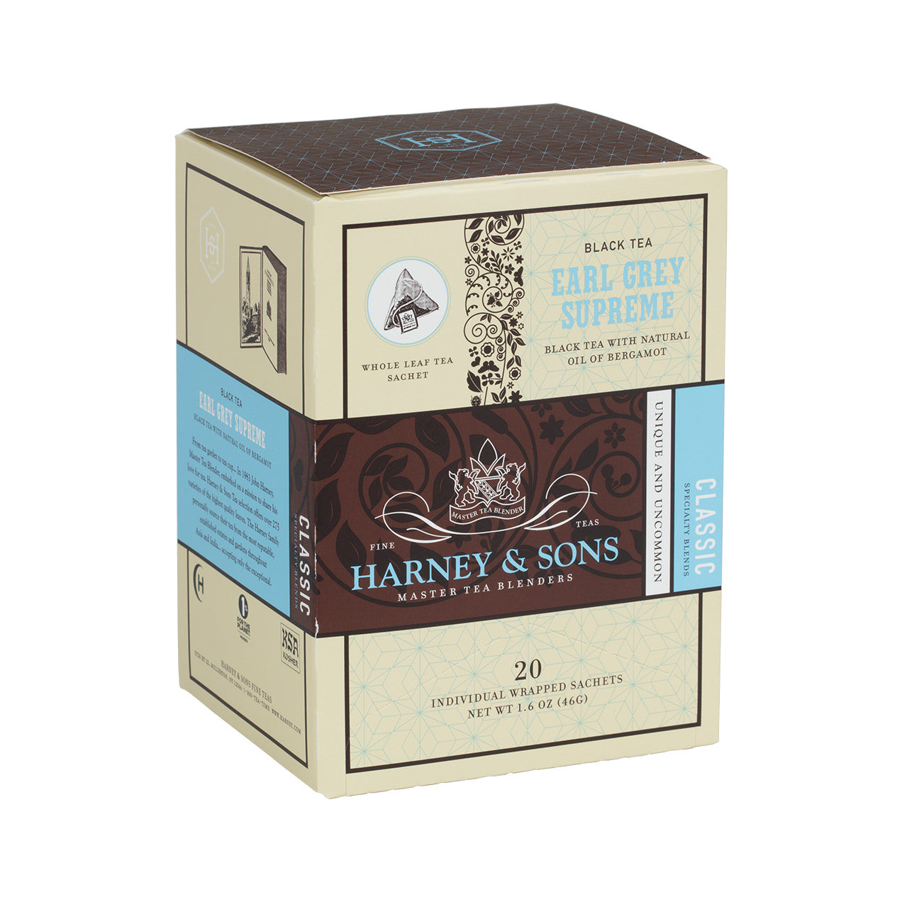 Box of 20 Earl Grey Supreme tea sachets by Harney & Sons, featuring black tea with bergamot flavor.