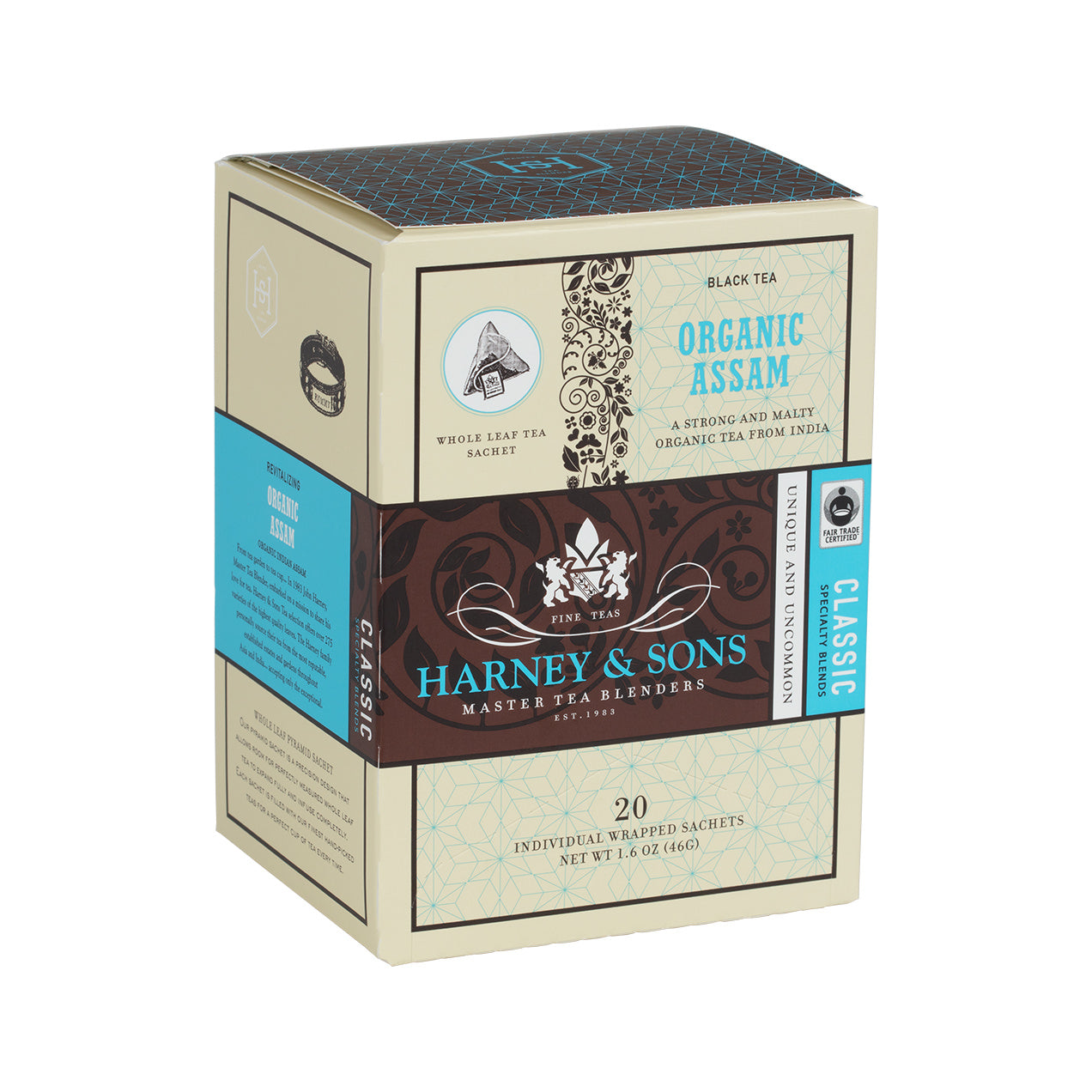 Box of Harney & Sons Organic Assam black tea sachets, featuring 20 individually wrapped tea bags.