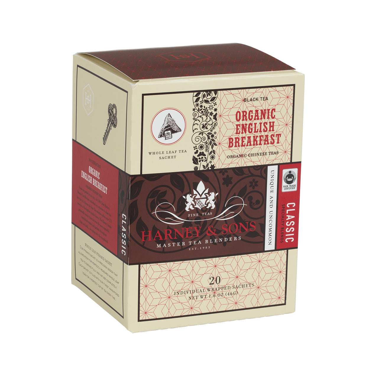 Box of 20 individually wrapped sachets of Harney & Sons Organic English Breakfast tea, featuring elegant packaging.