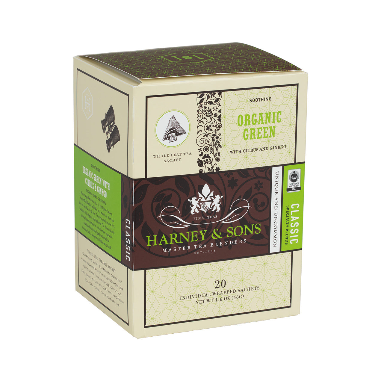 Box of 20 individually wrapped Organic Green tea sachets with citrus and ginkgo by Harney & Sons.
