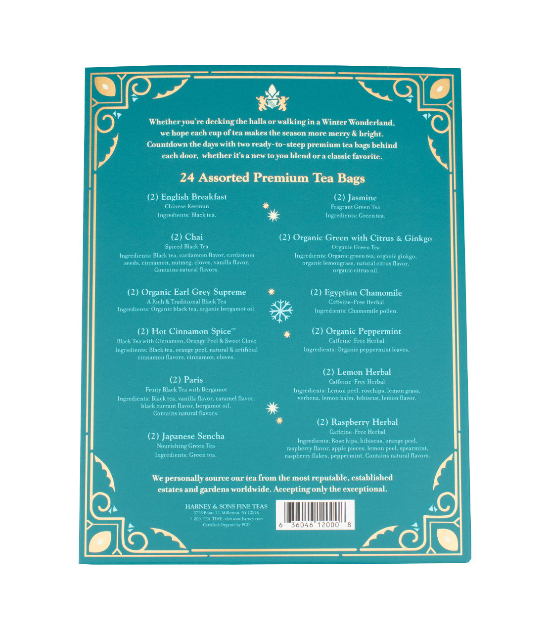 "Back of 12 Days of Tea Winter Countdown box featuring 24 assorted premium tea bags and flavor descriptions.