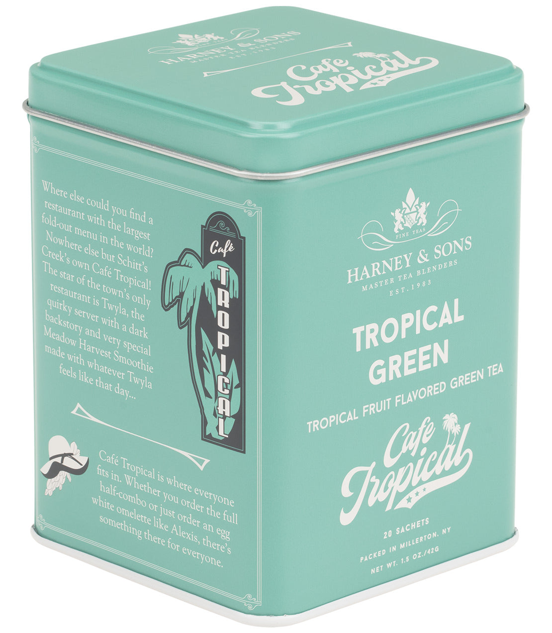 Tin of 20 Tropical Green tea sachets by Harney & Sons, featuring a vibrant turquoise design and tropical fruit flavor.