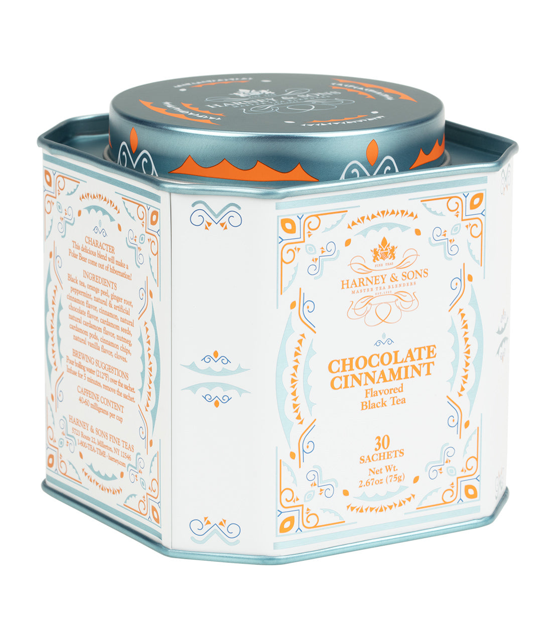 Hexagonal tin of Harney & Sons Chocolate Cinnamint flavored black tea, containing 30 sachets.