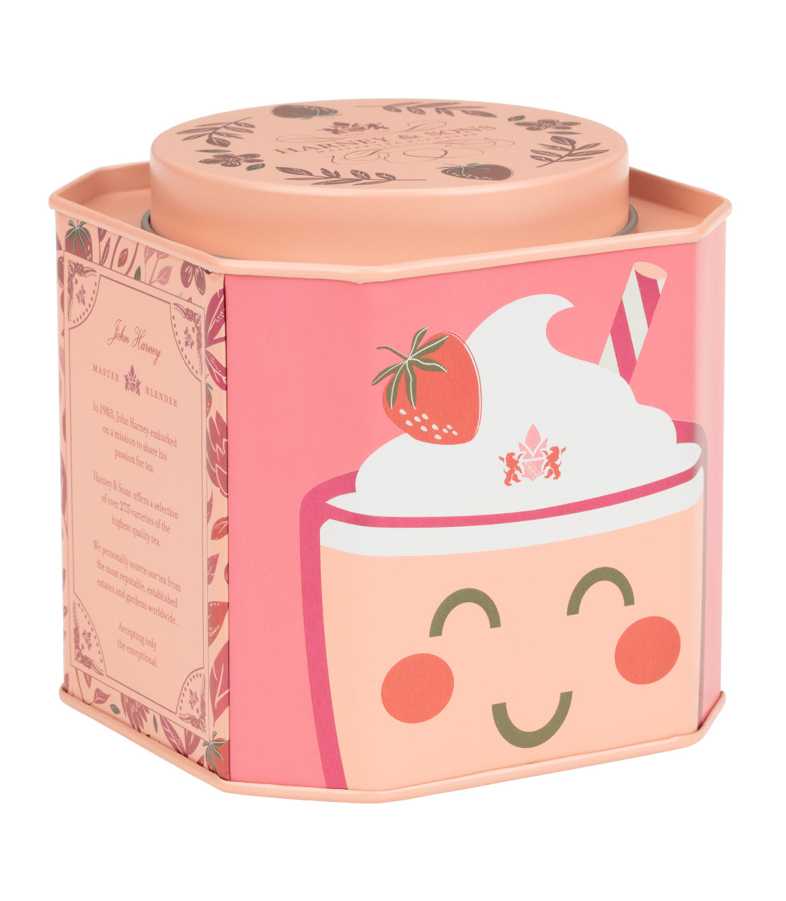 Harney & Sons Fine Teas- Icon Collection- Strawberry Milkshake- Tin of 30 Sachets- Pink design with smiling cartoon milkshake icon