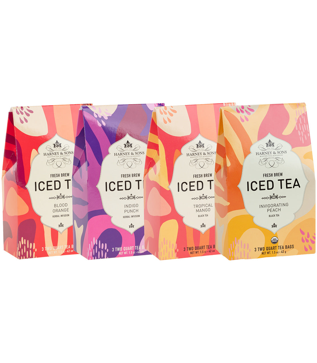 Fresh Brew Iced Tea Sampler featuring four colorful boxes: Blood Orange, Indigo Punch, Tropical Mango, and Invigorating Peach.