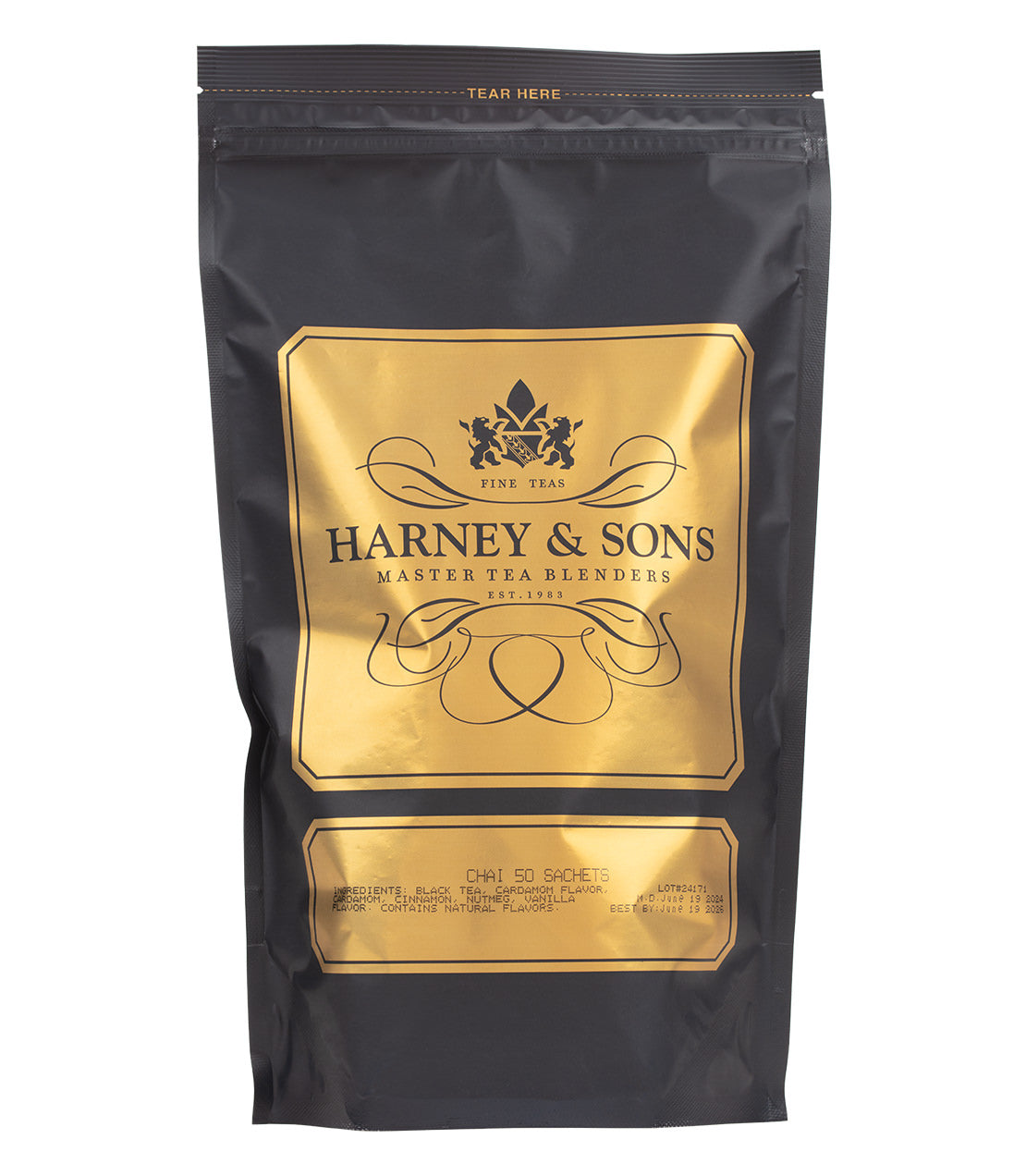 Black packaging of Harney & Sons Chai tea, featuring gold accents and label, containing 50 tea sachets.