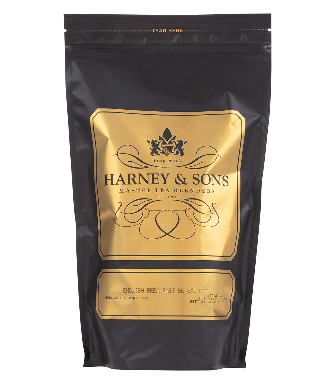 Harney & Sons English Breakfast tea bag packaging, featuring 50 sachets in a black and gold design.