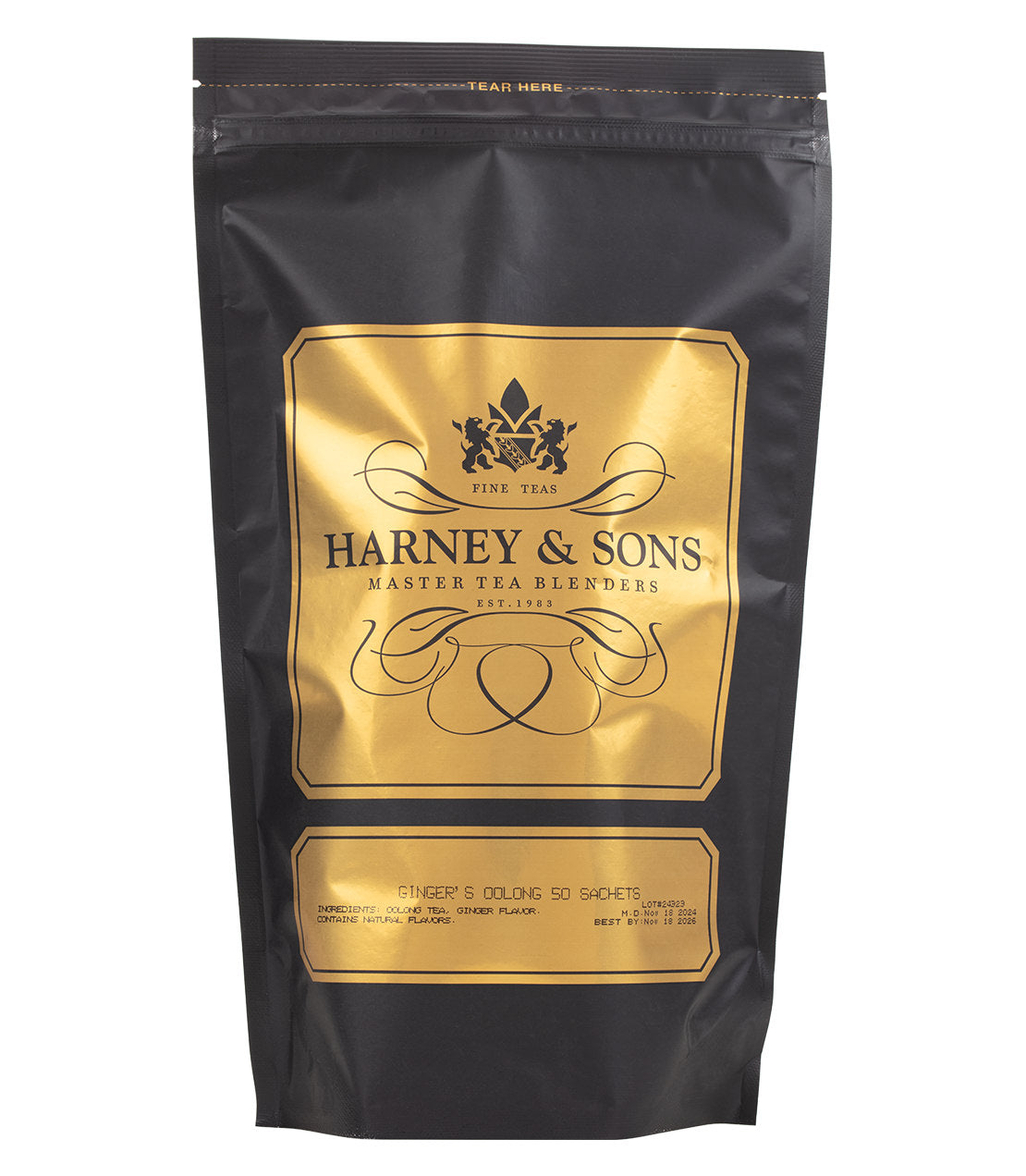 Black packaging of Harney & Sons Ginger's Oolong tea, featuring gold accents and 50 tea sachets.