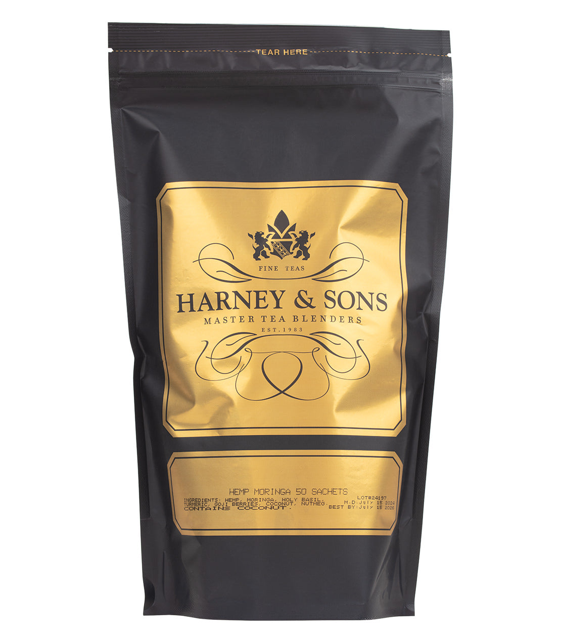 Harney & Sons Hemp Moringa Deep Sleep Wellness Blend tea packaging, featuring a black bag with gold accents.