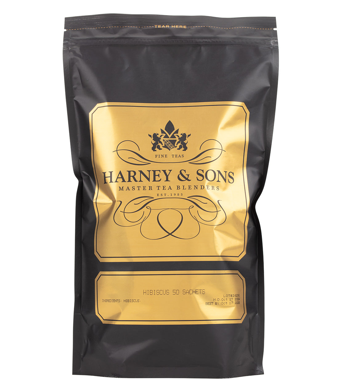 Black packaging of Harney & Sons Hibiscus tea, featuring gold accents and label, containing 50 sachets.