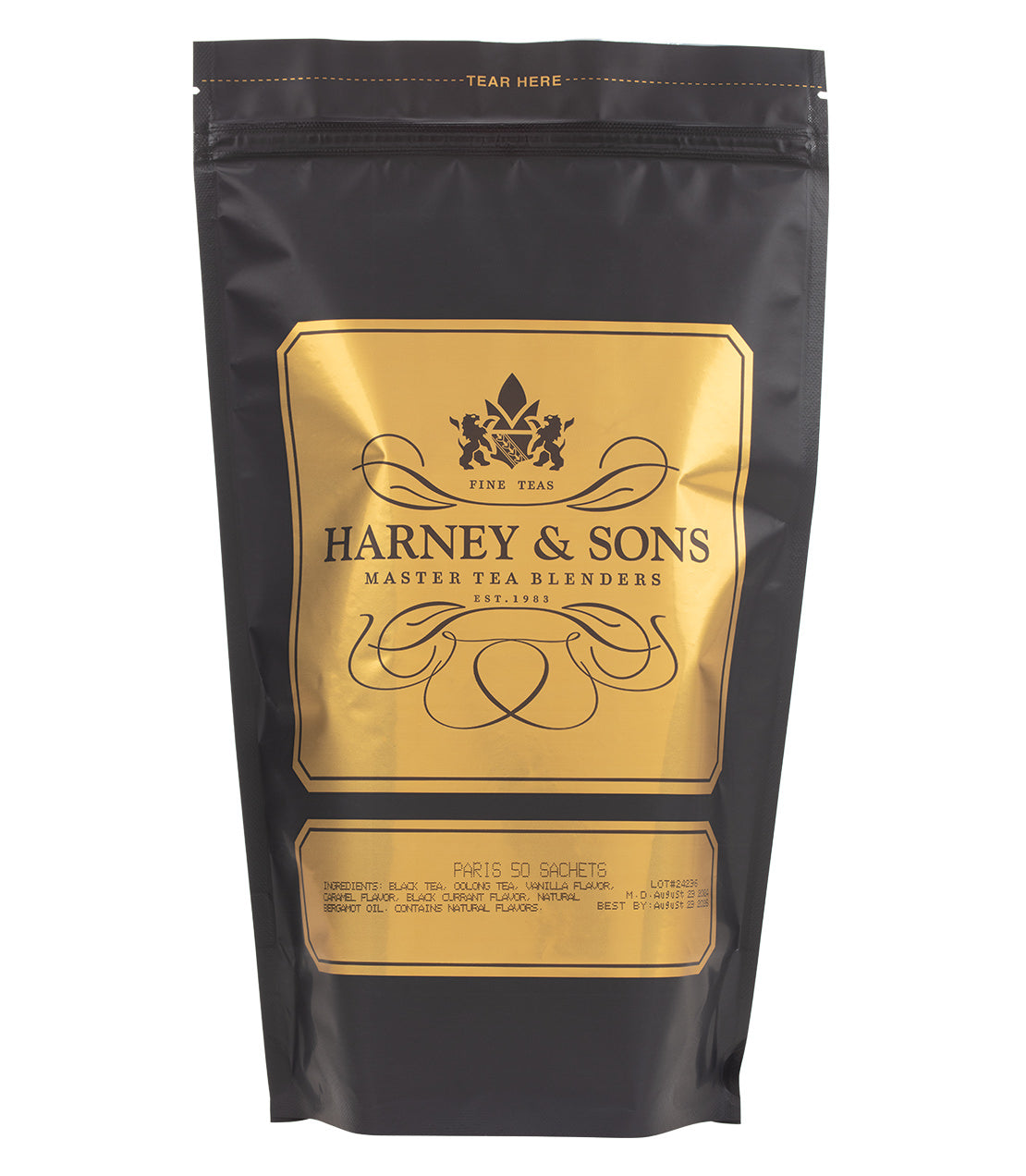 Elegant black tea packaging from Harney & Sons, featuring gold accents and labeled "Paris" with 50 sachets inside.