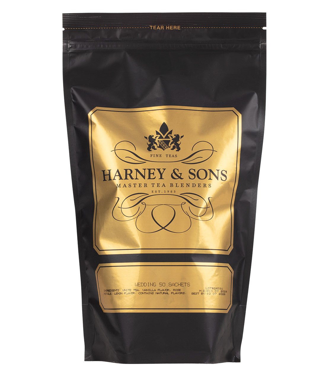 Elegant black packaging of Harney & Sons Wedding Tea, featuring gold accents and a classic logo. Perfect for celebrations.