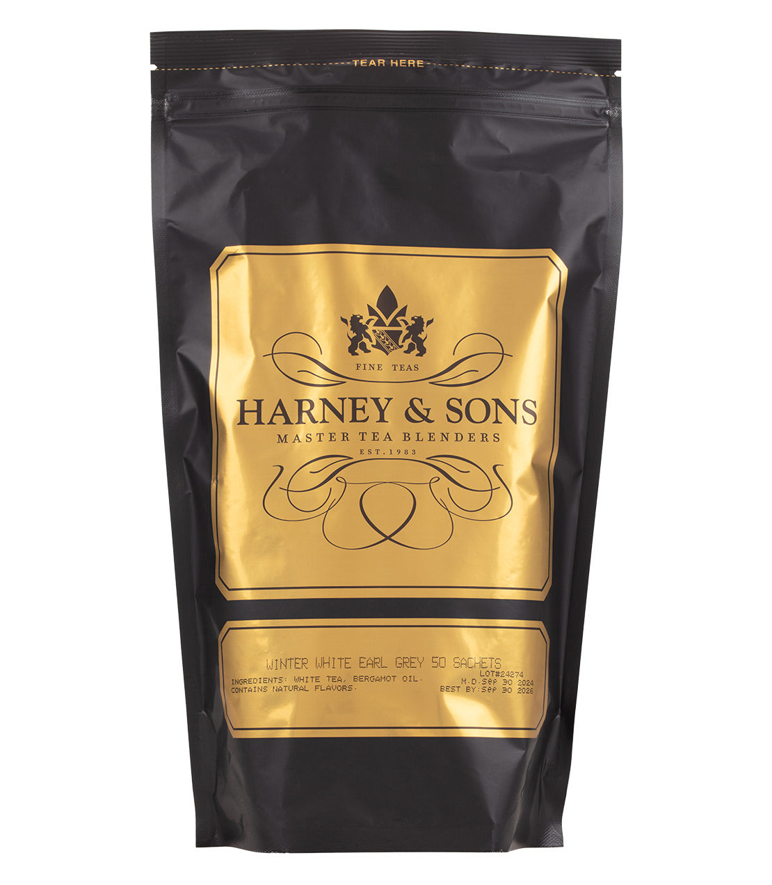 Bag of 50 sachets of Harney & Sons Winter White Earl Grey tea, featuring bergamot oil and elegant packaging.