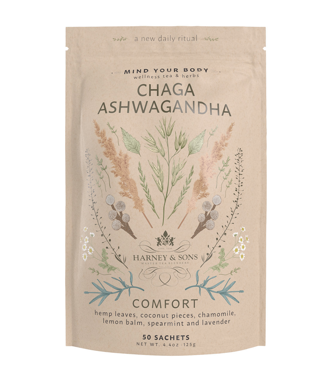 Chaga Ashwagandha herbal tea sachets, 50-count bag, featuring calming ingredients like chamomile and lavender.