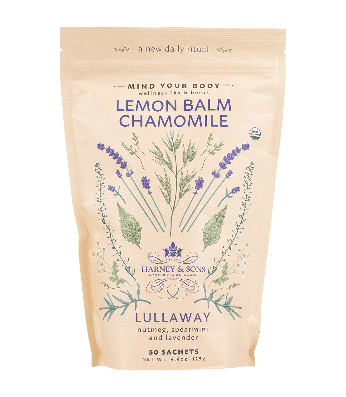 Organic Lemon Balm Chamomile tea sachets, 50-count bag, featuring calming herbs like nutmeg, spearmint, and lavender.