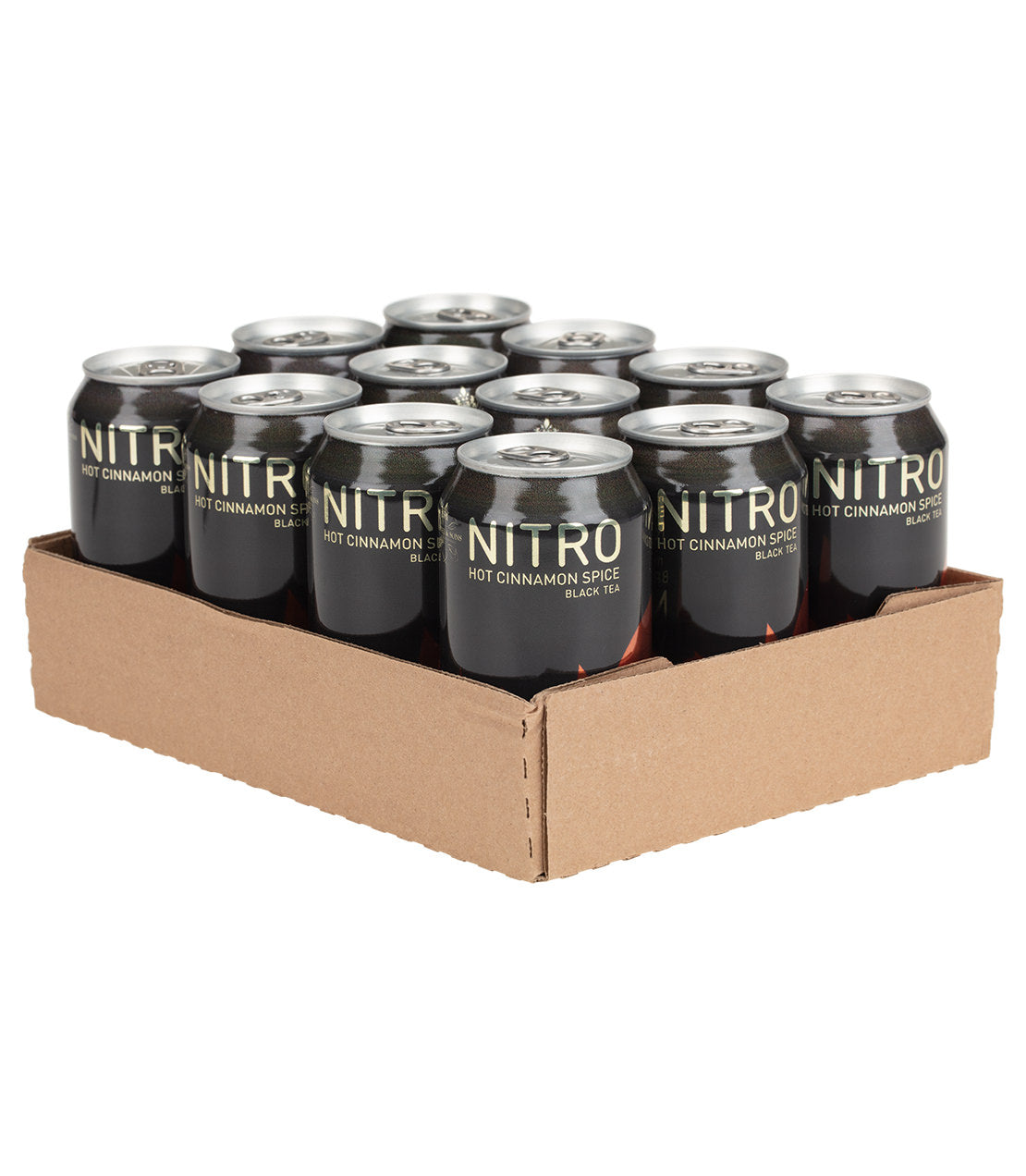 Twelve cans of Hot Cinnamon Spice Nitrogen Tea in a cardboard tray, showcasing a bold black design.