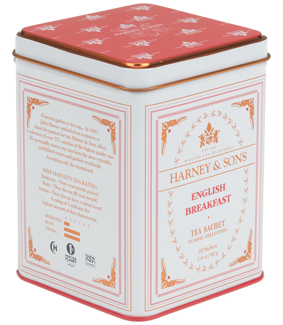 Tin of English Breakfast tea sachets, displaying a label with "Classic English Breakfast" and "20 Sachets" on a decorative, vintage-style blue and gold tin.
