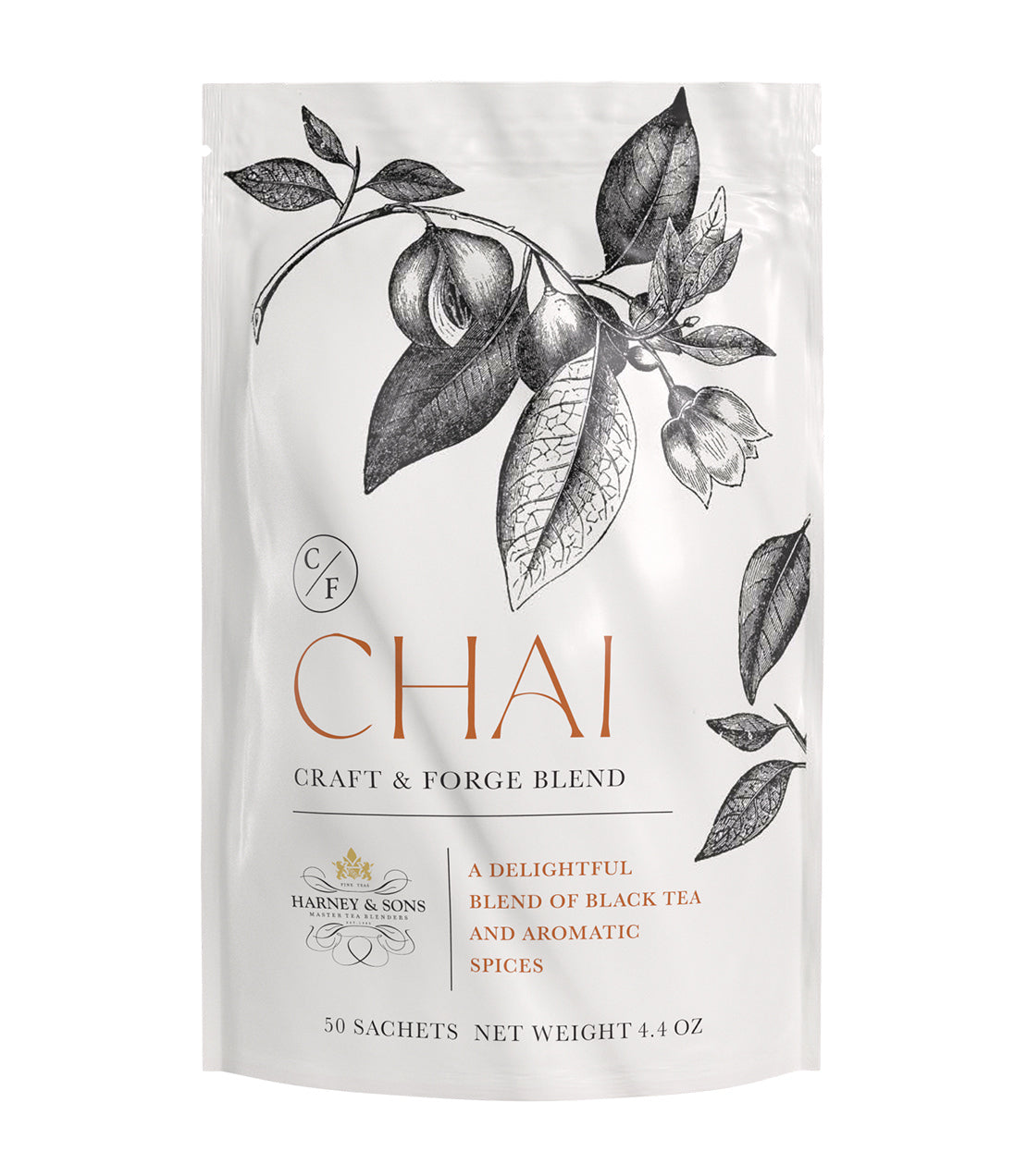 Colonial Williamsburg Craft & Forge Chai Tea packaging featuring a botanical design, 50 sachets, 4.4 oz.