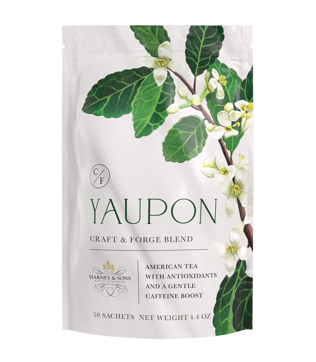 Colonial Williamsburg Yaupon Tea packaging featuring green leaves and white flowers, 50 sachets, 4.4 oz.