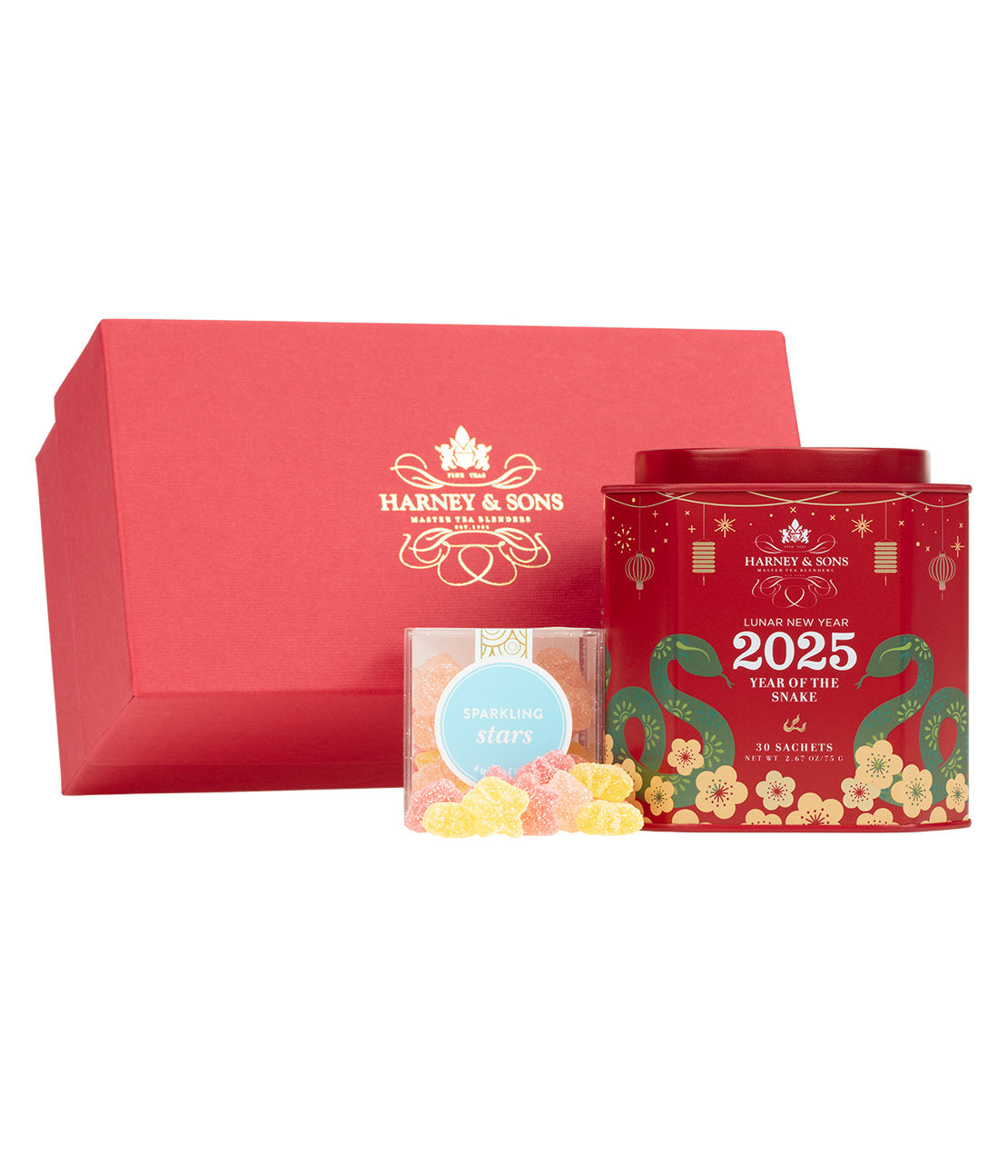 Lunar New Year 2025 gift set by Harney & Sons, featuring tea canister and candy, all in festive red packaging.