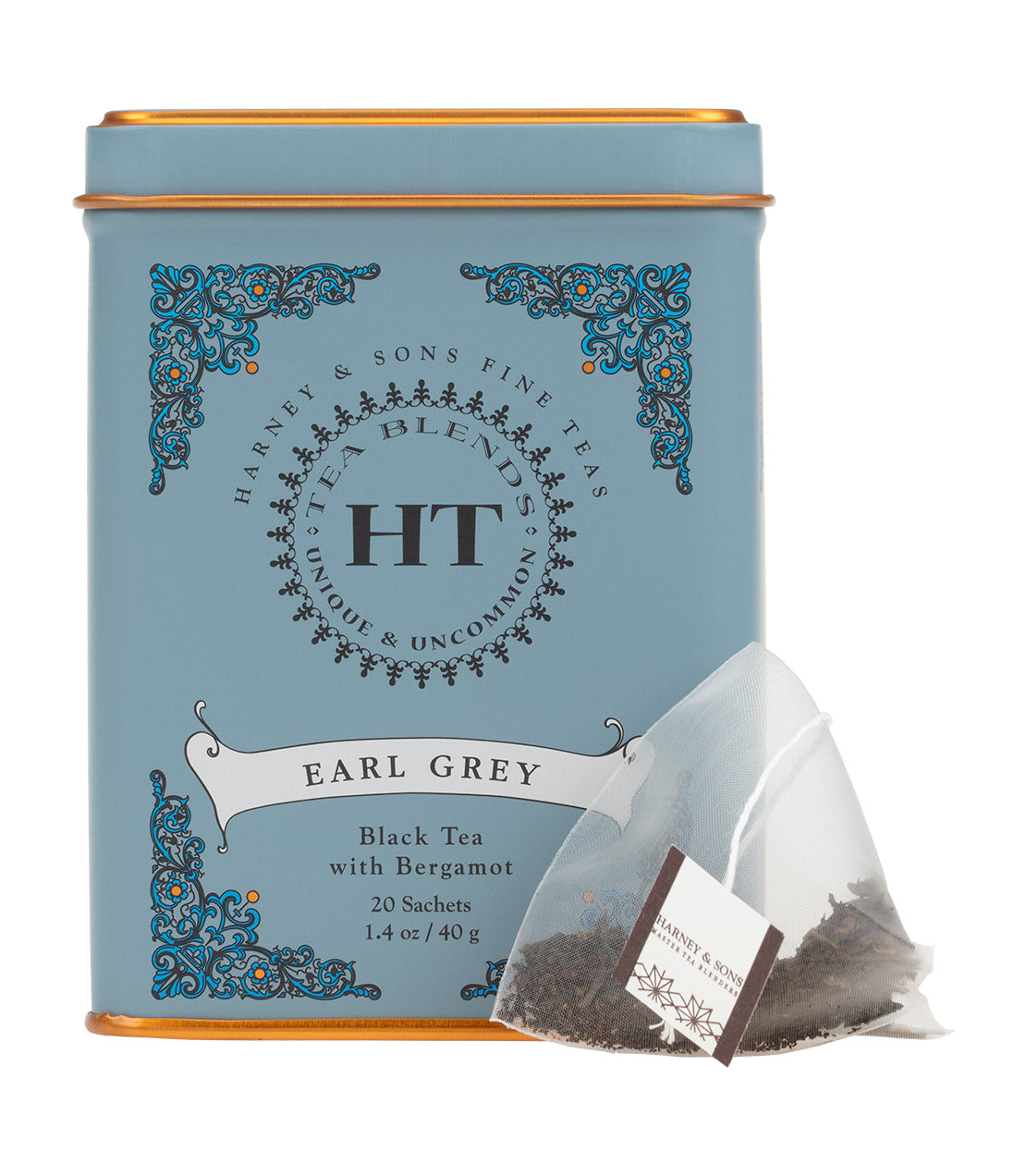 Earl Grey tea tin featuring 20 sachets, black tea with bergamot, in a decorative blue container.