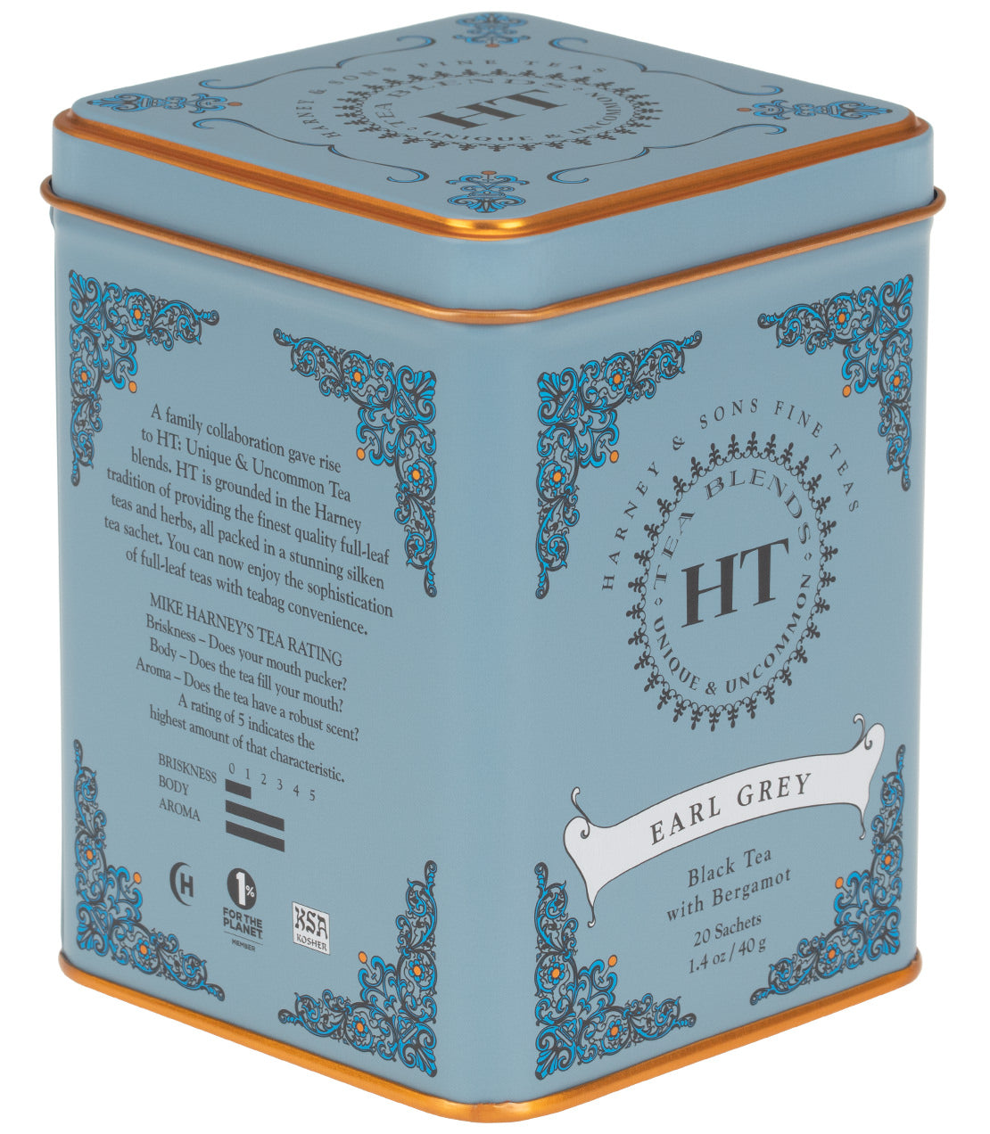 Elegant blue tin of Earl Grey tea featuring intricate designs, containing 20 black tea sachets with bergamot.