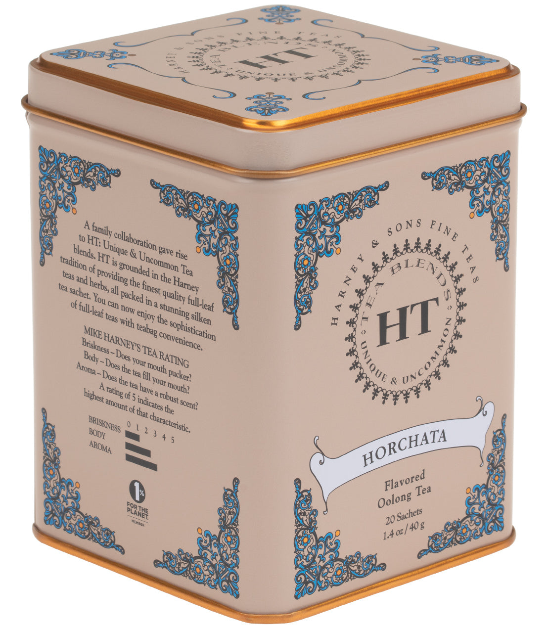 Decorative tin of Horchata tea sachets, featuring 20 oolong tea bags in a unique design.