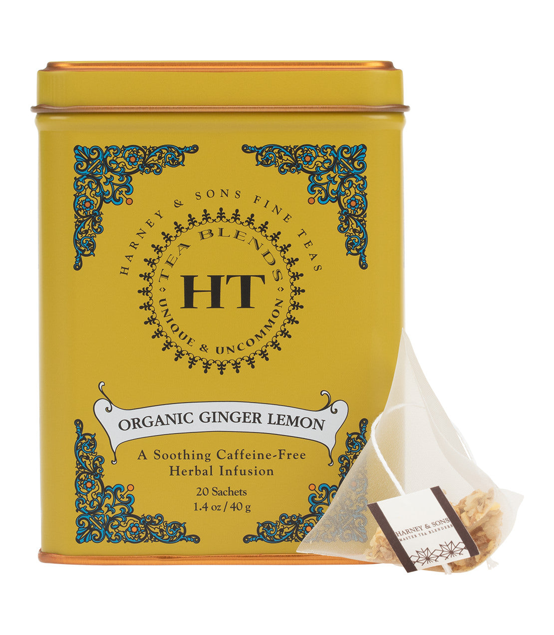 Organic Ginger Lemon tea tin with 20 sachets, featuring a vibrant yellow design and herbal infusion label.