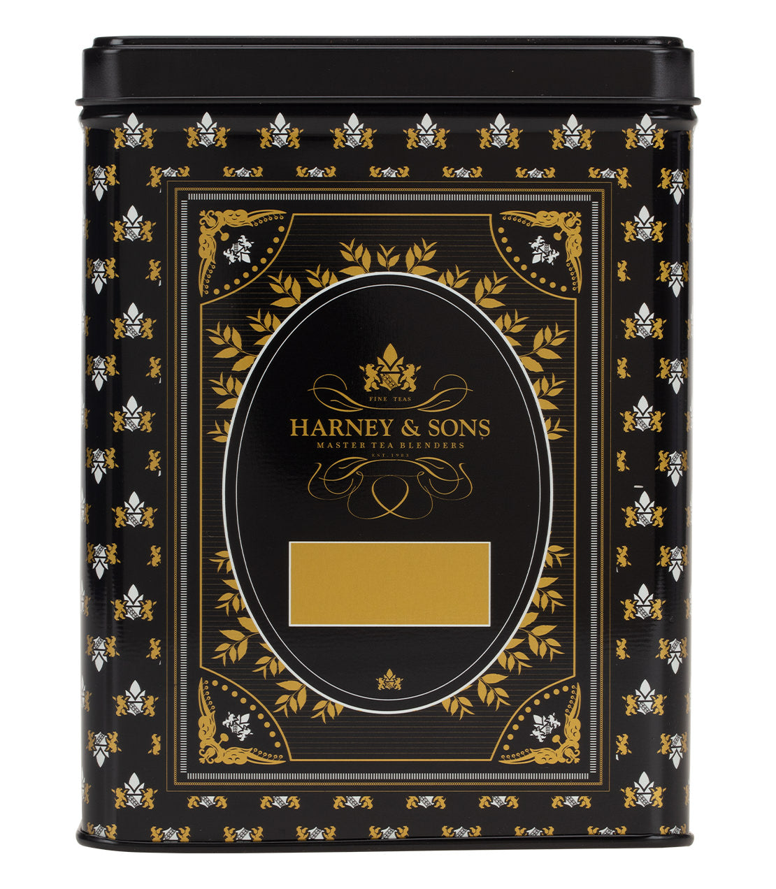 Black hinged storage canister from Harney & Sons, featuring elegant gold floral designs and a blank label.