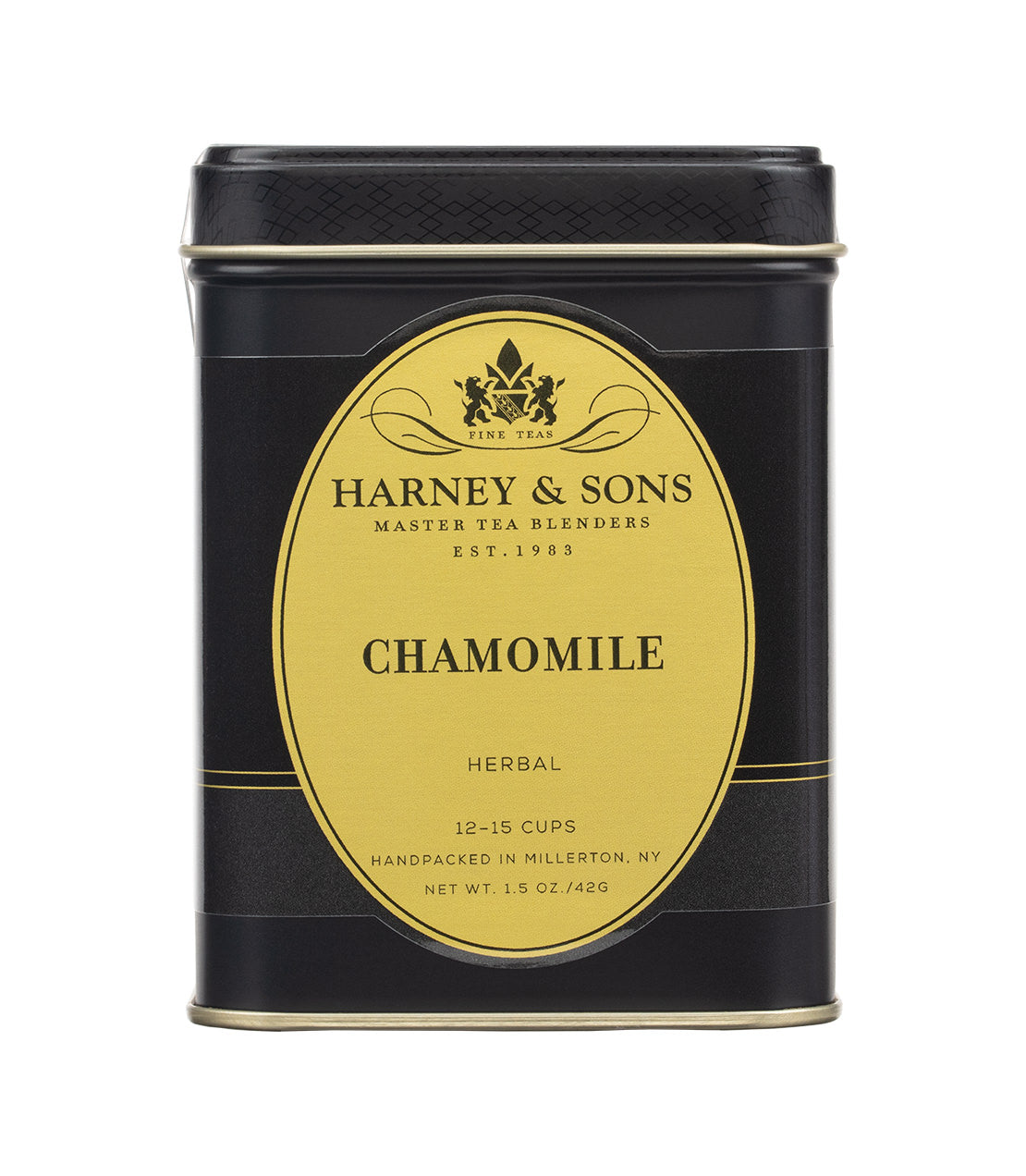 Black tin container of Harney & Sons Chamomile tea, labeled for herbal use, net weight 1.5 oz, brews 12-15 cups.
