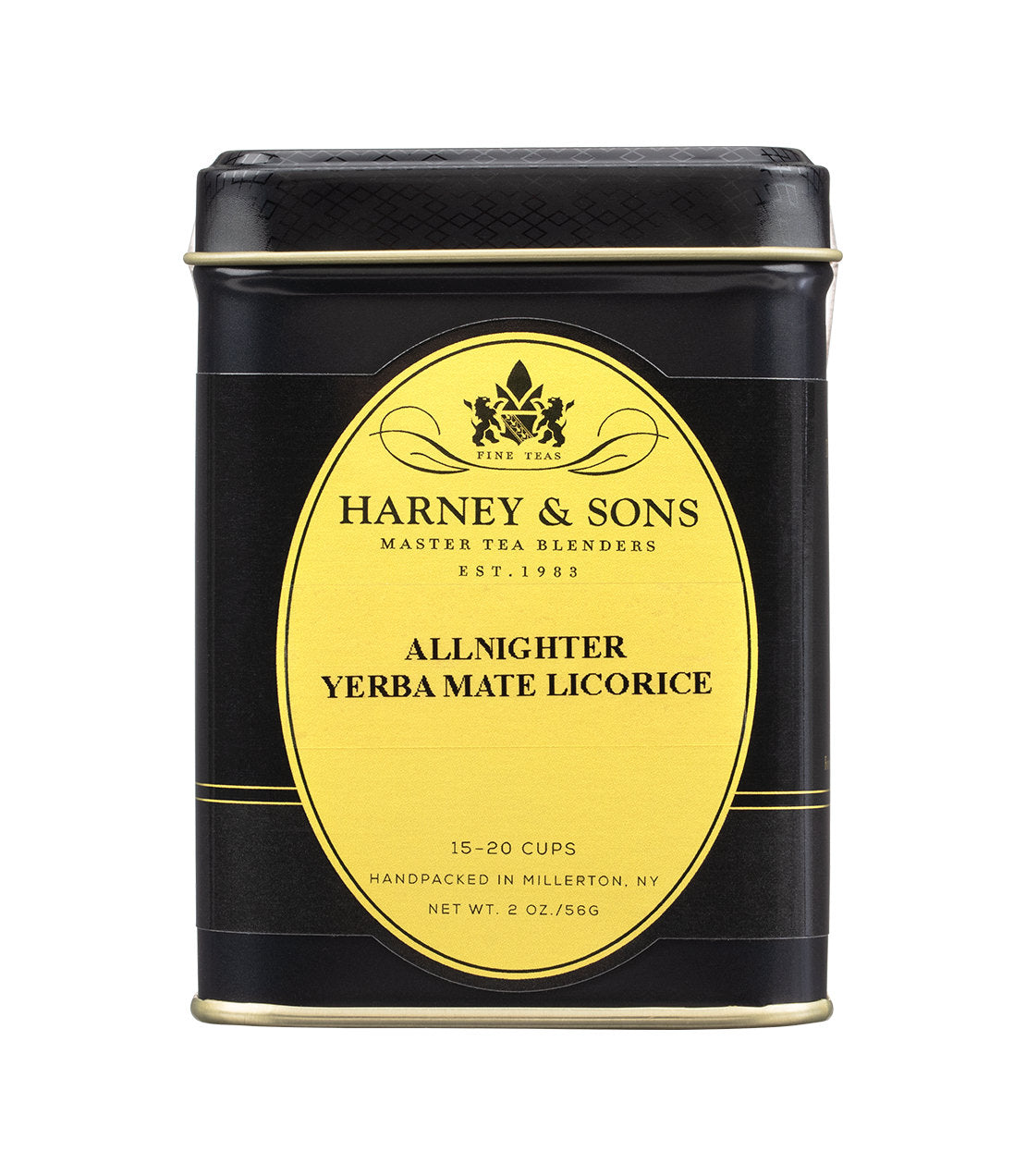 Harney & Sons Yerba Mate Licorice tea tin, 2 oz, featuring a black and yellow design, ideal for 15-20 cups.