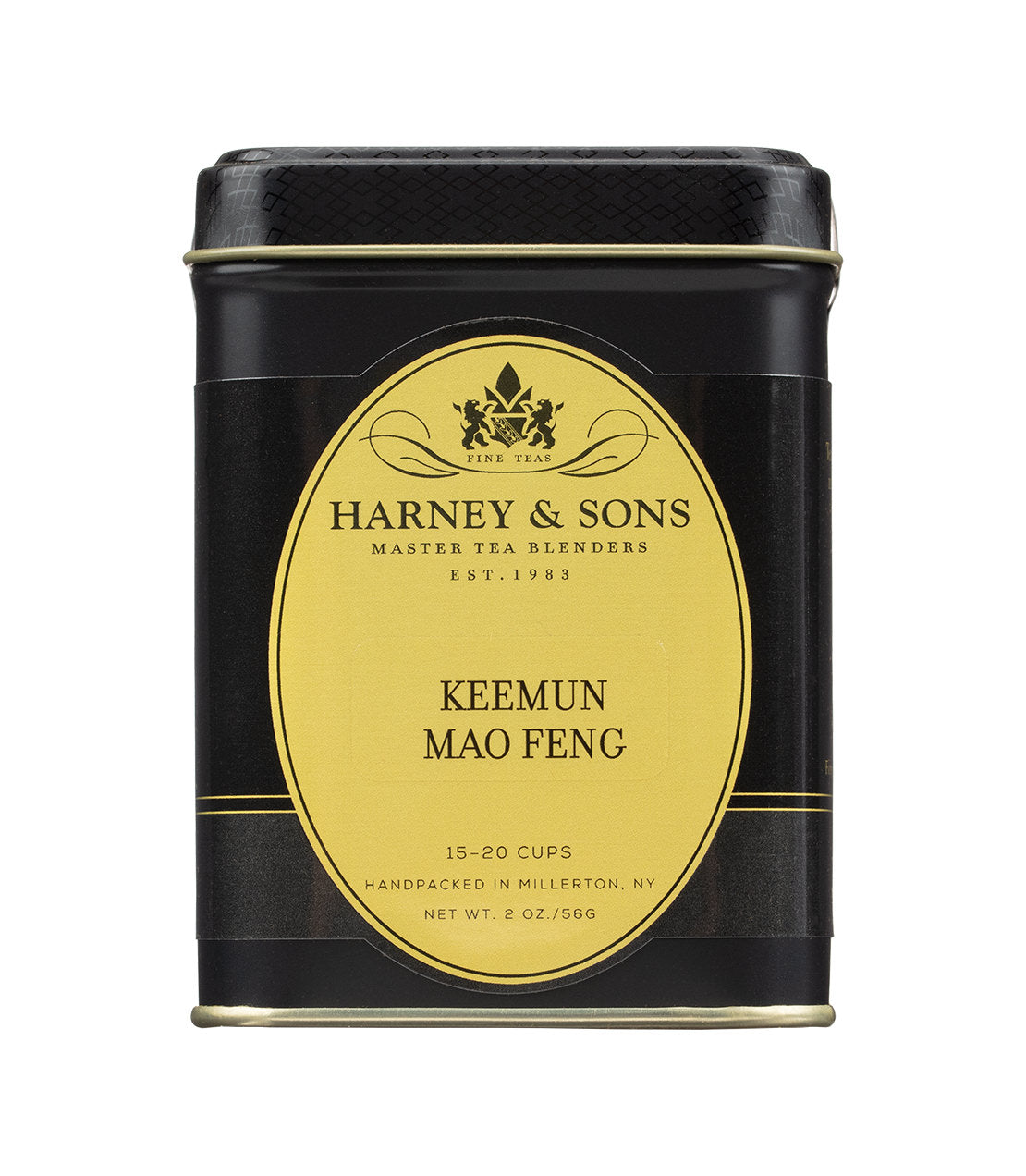 Harney & Sons Keemun Mao Feng tea tin, 2 oz, handpacked in Millerton, NY, brews 15-20 cups.