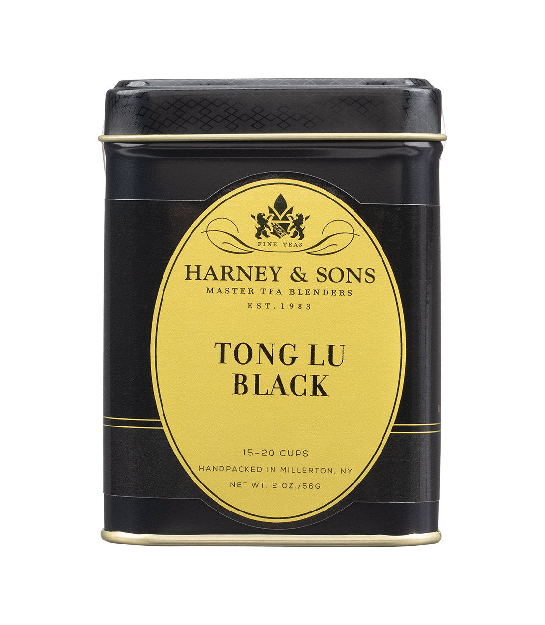 Harney & Sons Tong Lu Black tea tin, 2 oz, featuring a yellow label and black packaging, ideal for 15-20 cups.