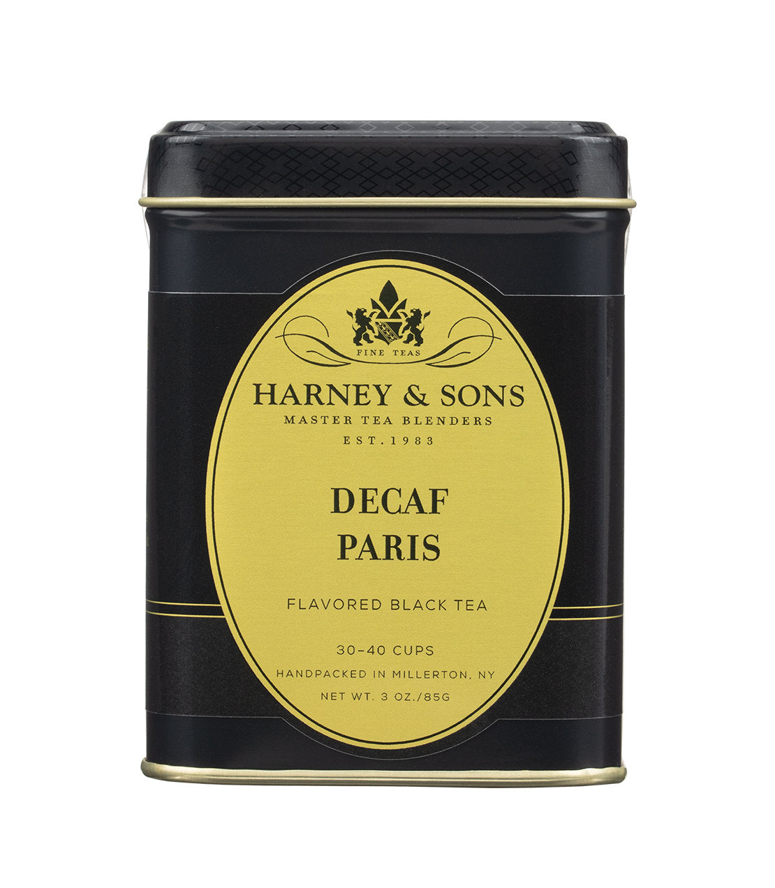 Black tea tin labeled "Decaf Paris" by Harney & Sons, featuring a gold and black design, 30-40 cups.