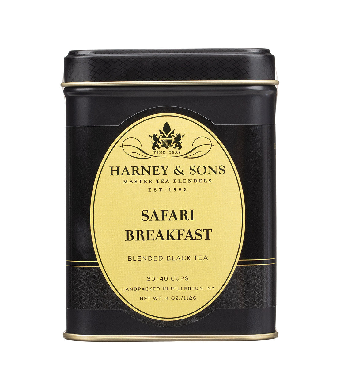 Black tin of Harney & Sons Safari Breakfast blended black tea, 4 oz, with a yellow label and elegant design.