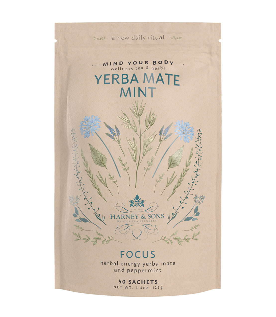 Harney & Sons Yerba Mate Mint tea packaging, featuring floral designs and "Focus" label, 50 sachets.